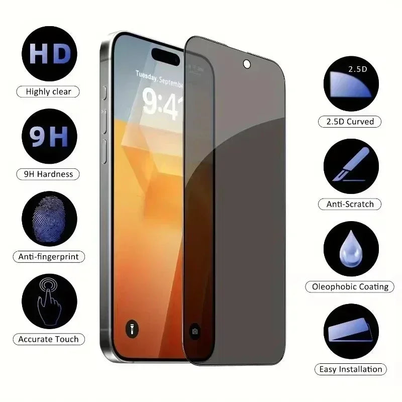 5Pcs Full Cover Privacy Screen Protector For iPhone 16 11 12 13 14 Pro Max Mini 8K Anti-spy Glass For iPhone 15 17 18 PRO XS MAX