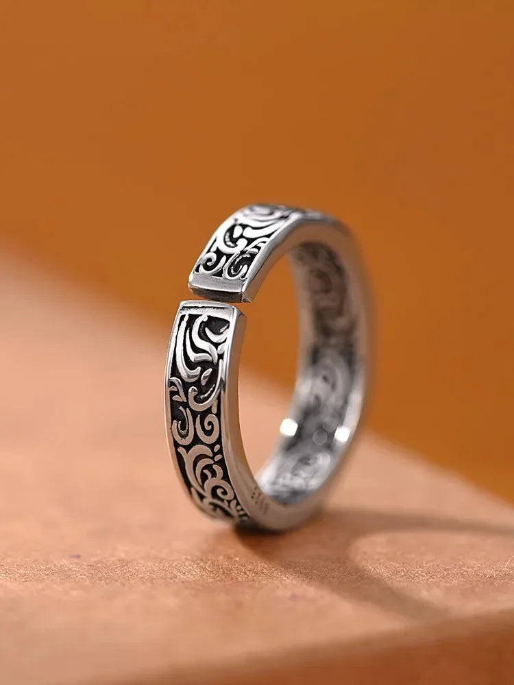 New Silver Color Retro Old Tang Grass Pattern Rings for Women Classic French Boys' Index Finger Ring Gift Gothic Jewelry