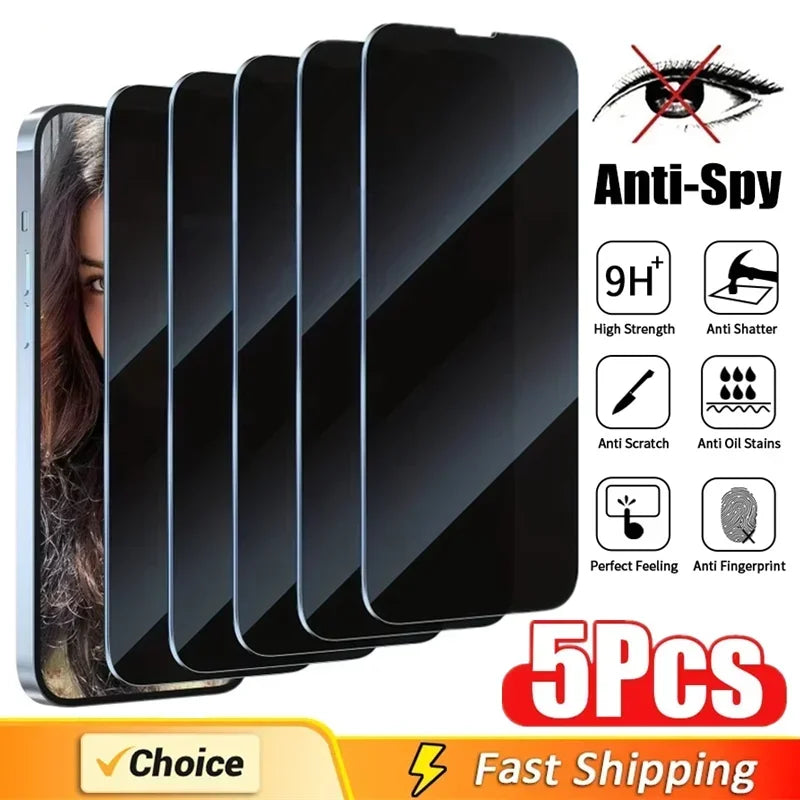 5Pcs Full Cover Privacy Screen Protector For iPhone 16 11 12 13 14 Pro Max Mini 8K Anti-spy Glass For iPhone 15 17 18 PRO XS MAX